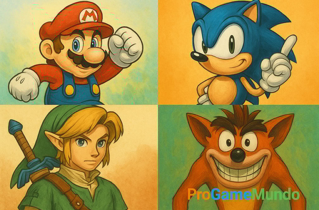 Montagem de Mario, Sonic, Link e Crash com estilo retrô artístico.