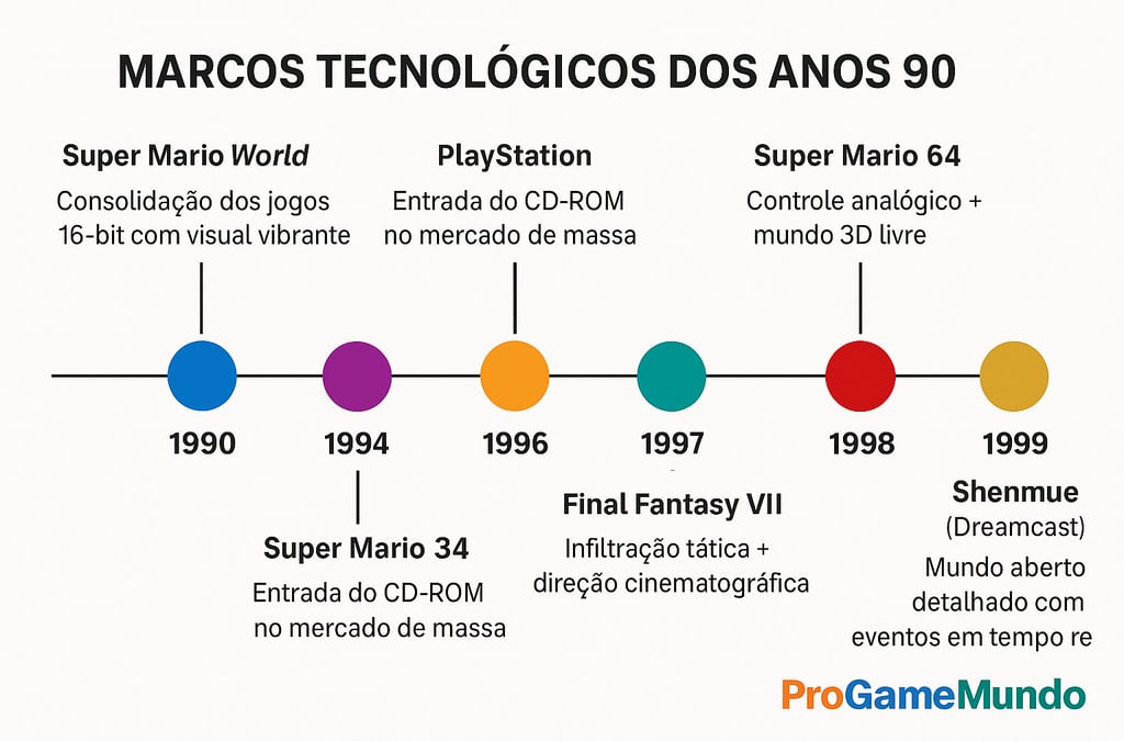 Linha do tempo com avanços tecnológicos dos videogames nos anos 90.