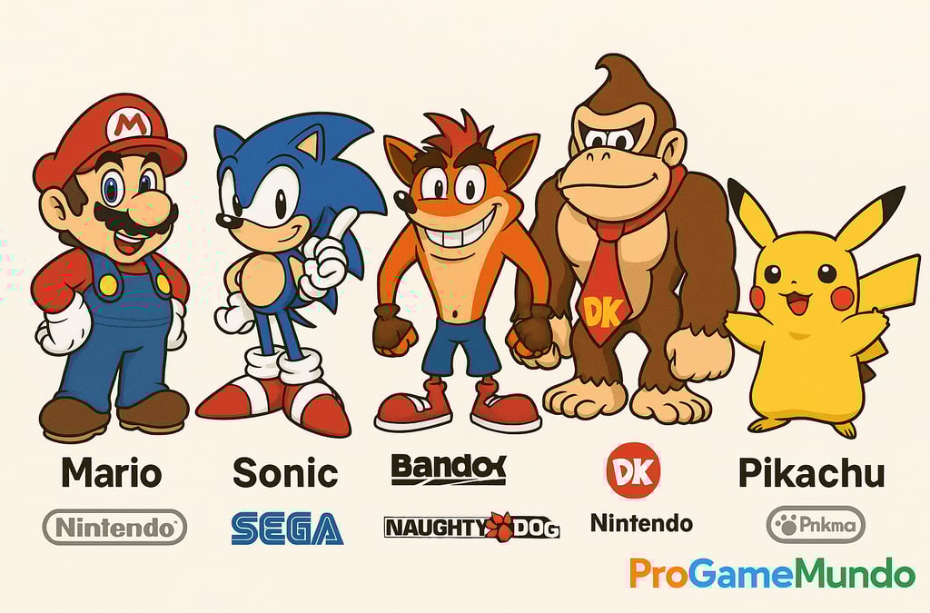 Galeria com Mario, Sonic, Crash, Donkey Kong e Pikachu dos anos 90.