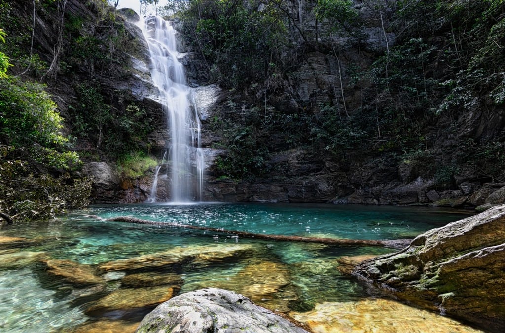 Cachoeira de águas cristalinas em meio à vegetação exuberante da Chapada dos Veadeiros