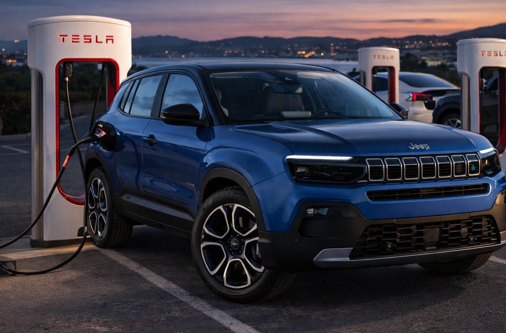 Carros da Stellantis carregando em carregadores da Tesla Supercharger