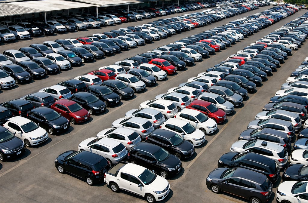 Vista aérea de grande pátio de concessionária com dezenas de carros usados organizados em fileiras