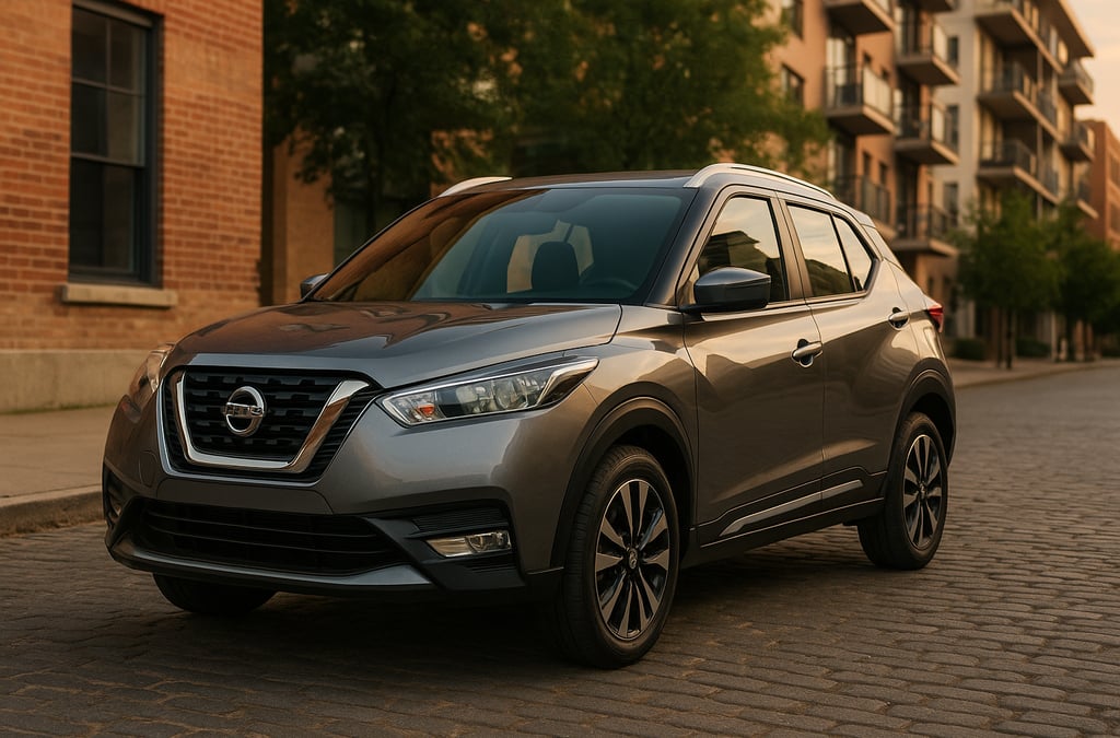 Nissan Kicks prateado estacionado em rua de paralelepípedo, com prédios ao fundo e luz suave do enta