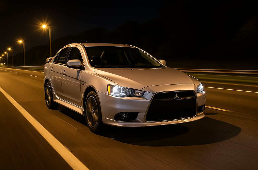 Mitsubishi Lancer GT branco em alta velocidade em rodovia iluminada no Brasil à noite
