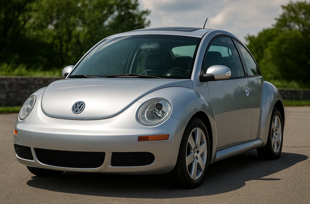 Volkswagen New Beetle prata visto de frente e lateral em ambiente externo