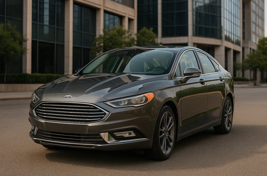 Ford Fusion 2018 cinza metálico estacionado em área urbana moderna, com frente e lateral em destaque