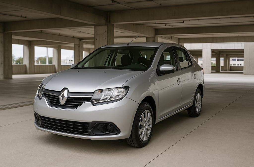 Renault Logan prateado estacionado em garagem ampla e iluminada com piso de concreto limpo.