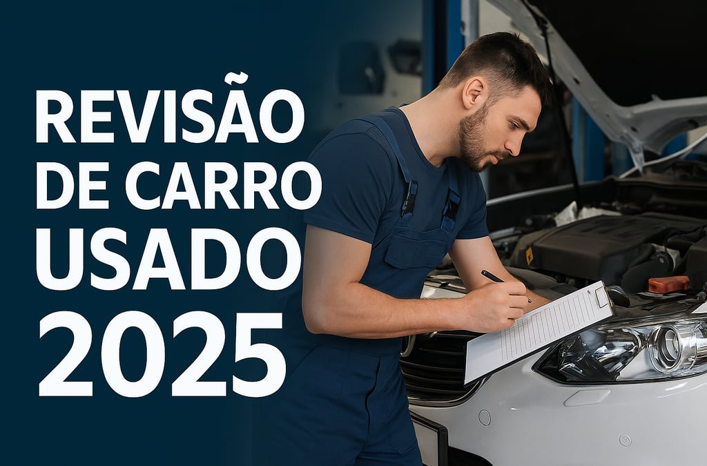 Mecânico revisando carro usado em oficina, texto na imagem: Revisão de carro usado 2025