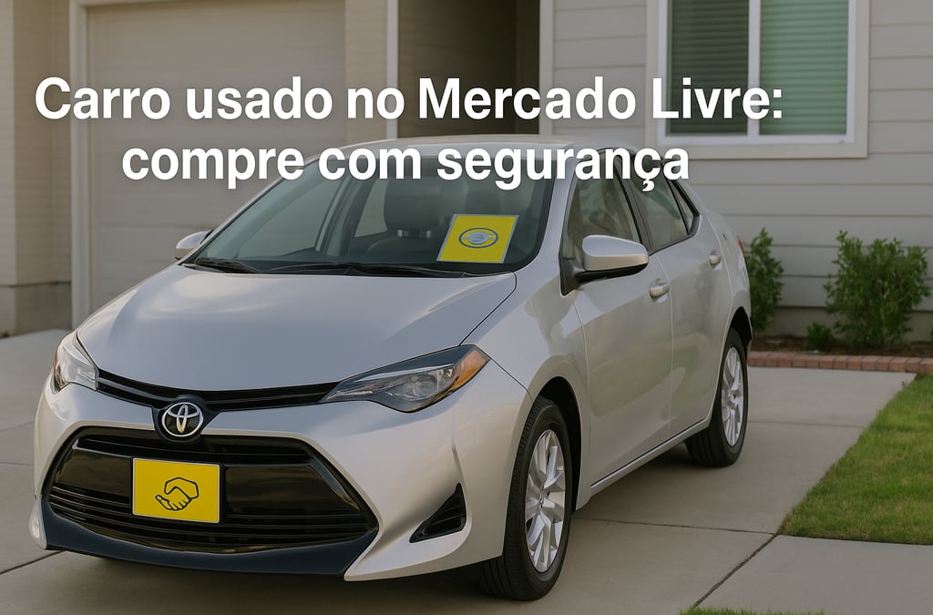 Toyota Corolla seminovo prateado estacionado em frente a uma casa, com placa amarela de anúncio no v