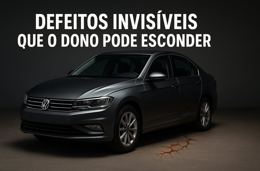 Carro sedã escuro com aparência impecável do lado esquerdo e defeitos visíveis no lado direito, como
