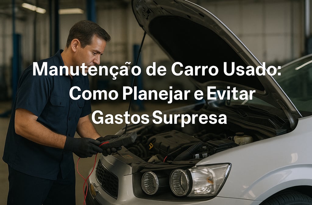 Mecânico inspecionando o motor de um carro usado em uma oficina, com texto "Manutenção de Carro Usad