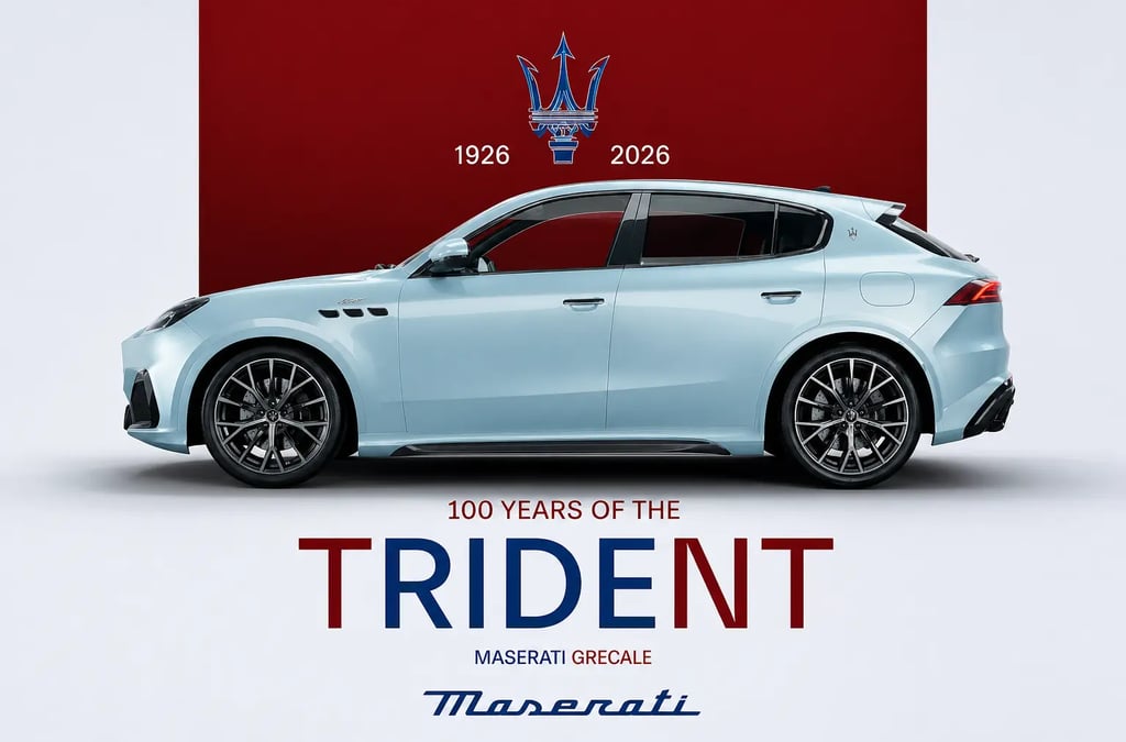 Maserati 100 anos com Grecale e logo Tridente campanha oficial 2026
