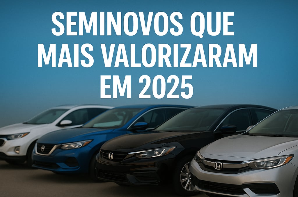 "Imagem de capa com quatro carros seminovos alinhados em um pátio, com a frase 'Seminovos que mais v