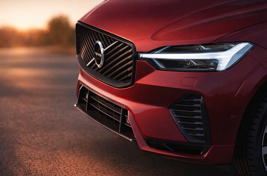 Volvo XC60 2026 híbrido em detalhe frontal com farol LED e grade premium