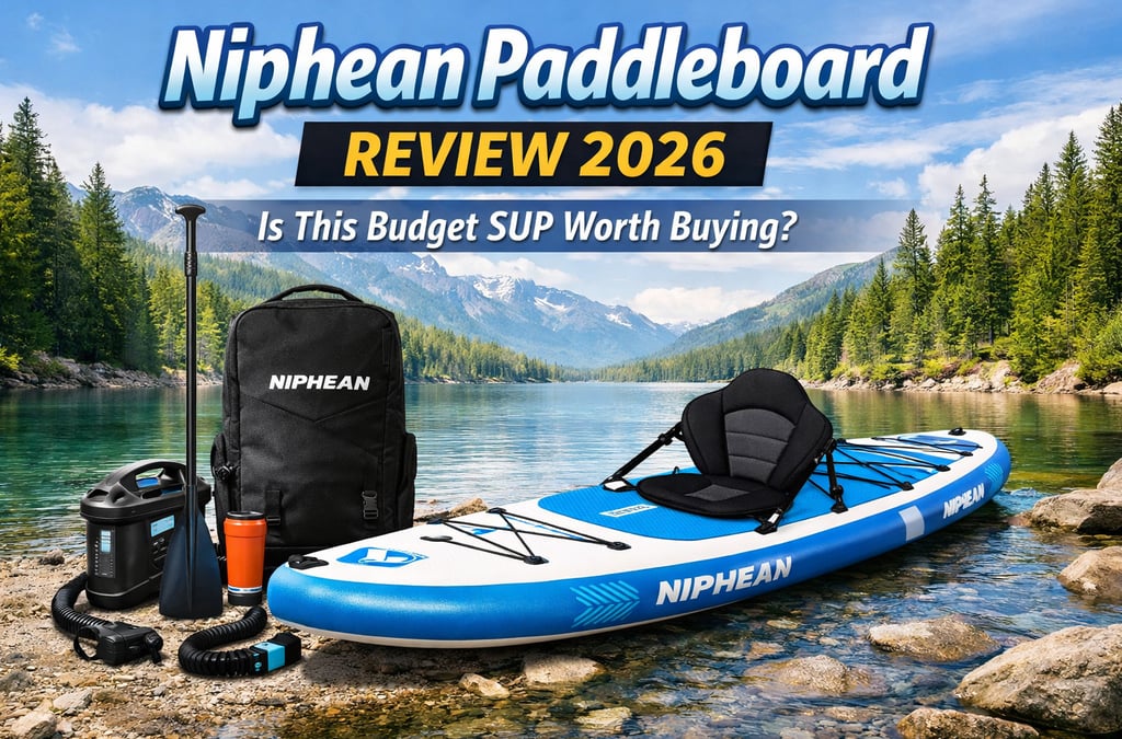 Niphean inflatable paddle board kit with kayak seat and pump on a scenic lake shore.