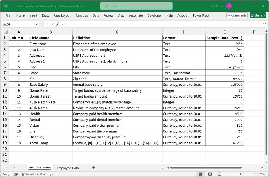 data field summary for total compensation mail merge project with mock employee sample data shown