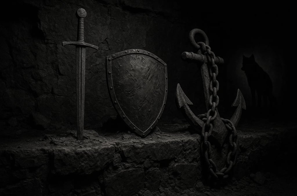 a sword and a shield on a stone wall