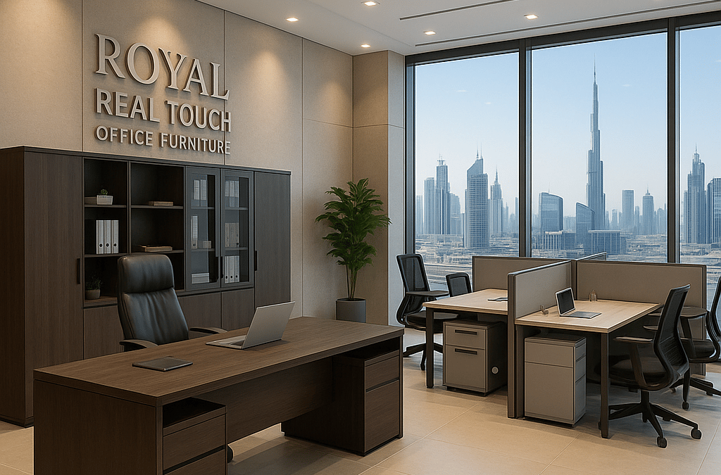 Modern executive desk and ergonomic office chair in a Dubai office showroom by Royal Real Touch
