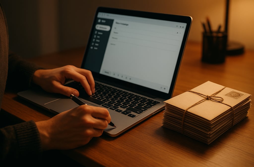 a laptop on one side and a stack of handwritten letters on the other