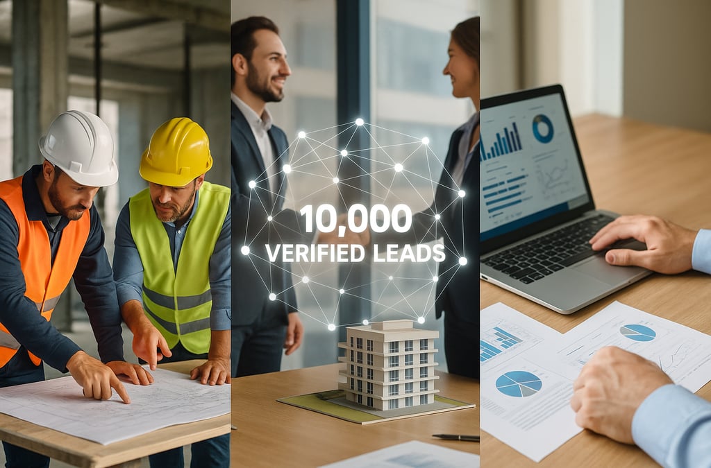 Cinematic collage scene representing three B2B industries Construction, Real Estate, and Accounting