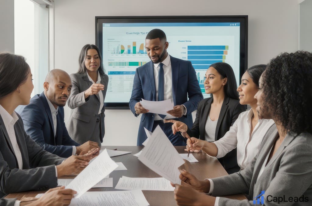 Team analyzing ROI charts on large digital screens in a modern marketing office