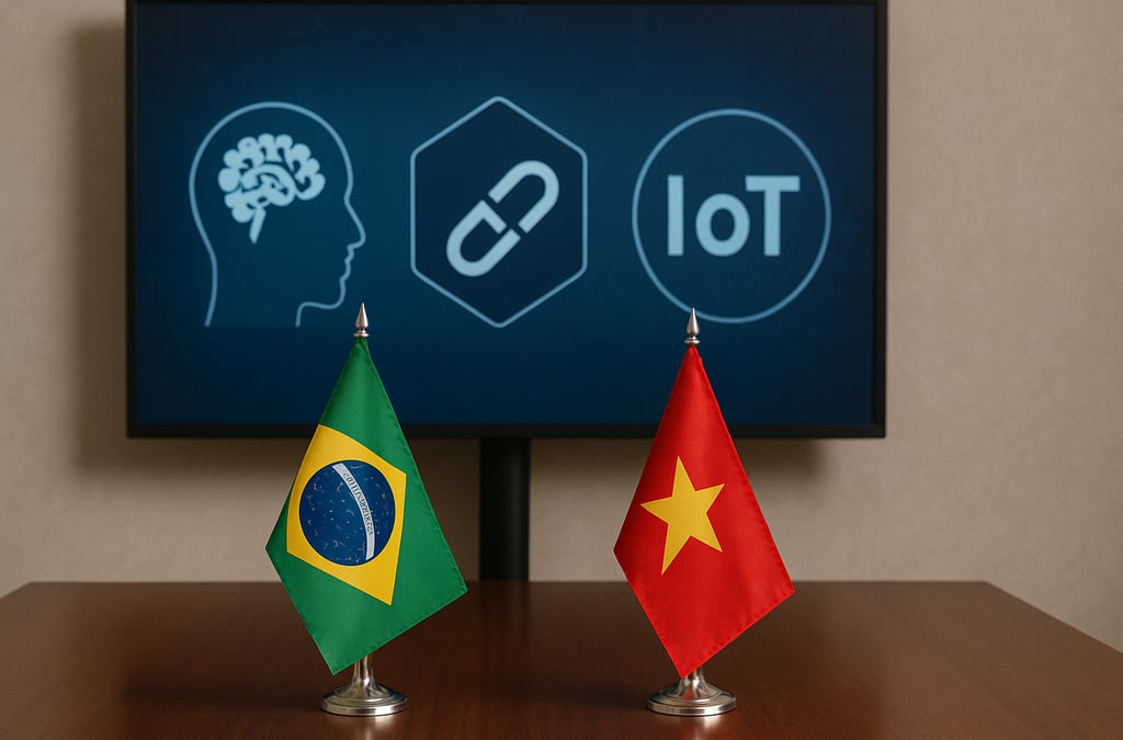 Bandeiras do Brasil e do Vietnã lado a lado sobre uma mesa de madeira, com um monitor ao fundo exibi