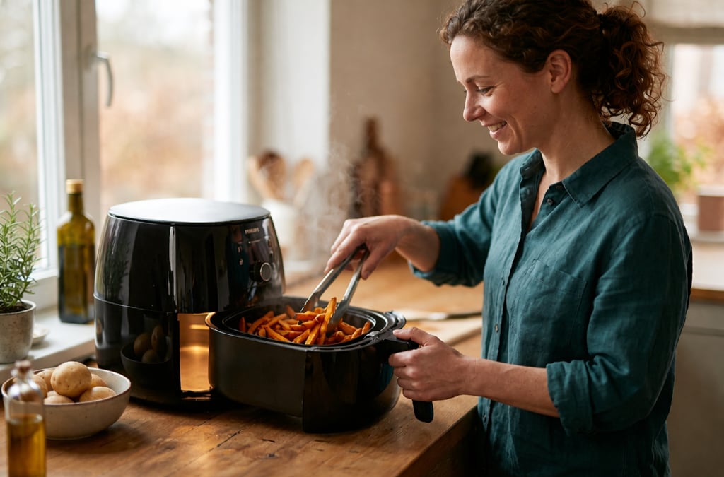 Mulher sorrindo usando airfryer para preparar batatas fritas em cozinha iluminada.
