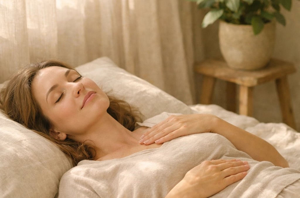 A peaceful woman deep breathing in a bed with linen sheets and sunlight streaming through curtains.