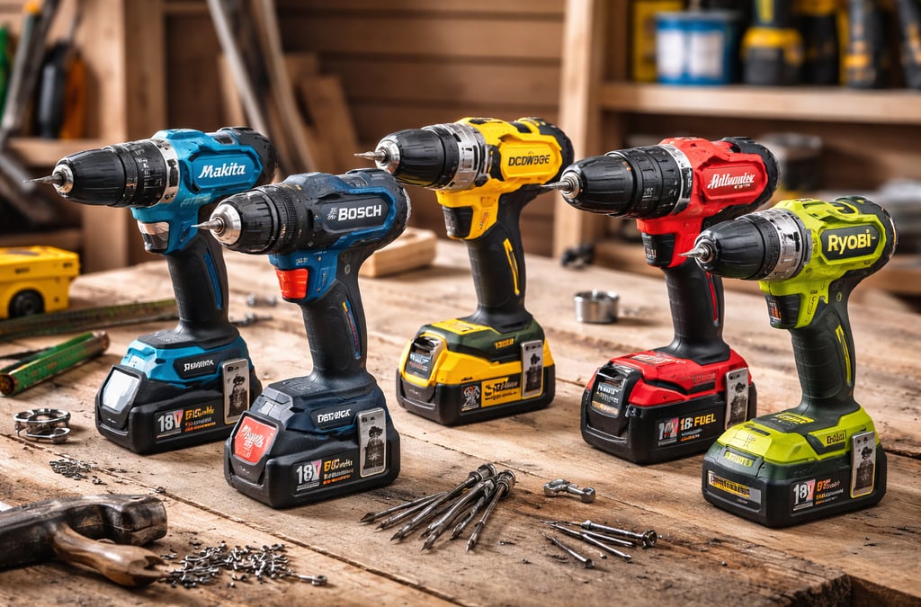 A row of 18V cordless power drills from Makita, Bosch, DeWalt, Milwaukee, and Ryobi on a wooden workbench.