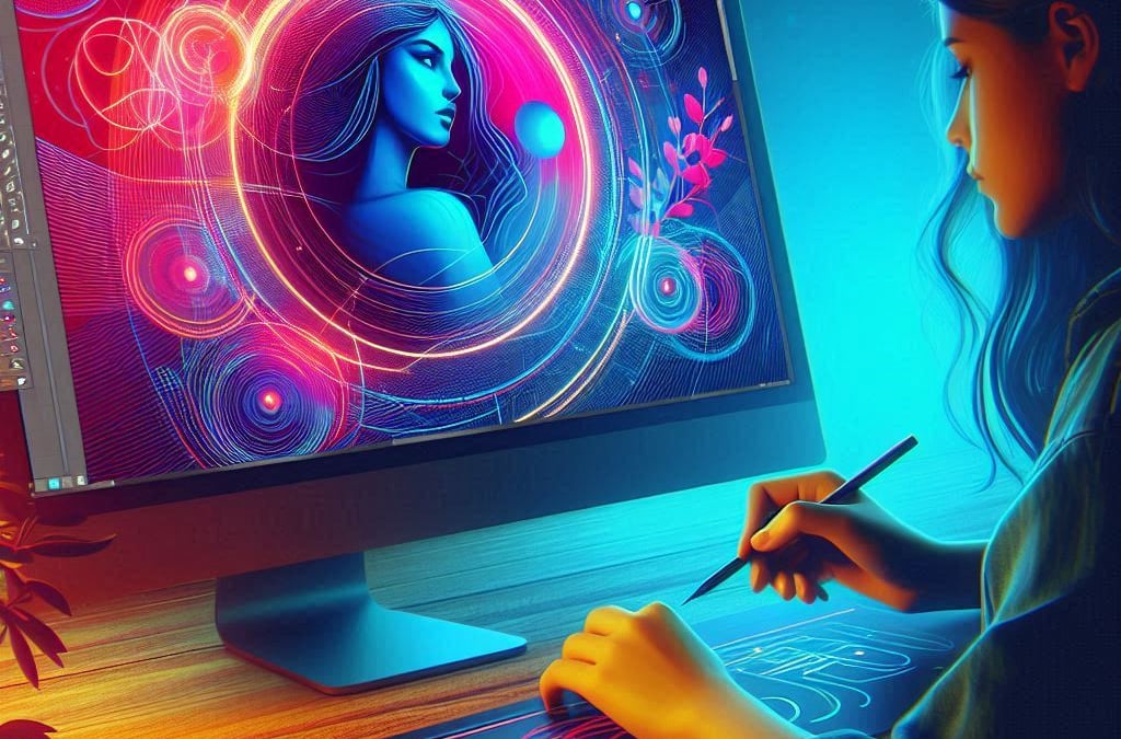 A girl drawing on a computer screen