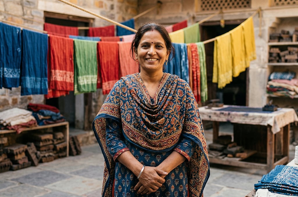 Ethical clothing manufacturer India — Jaipur artisan in sustainable textile workshop producing fair trade fashion garments