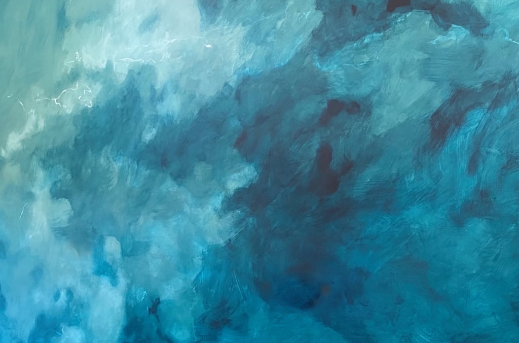 Abstract deep teal blue atmospheric mural with soft cloud-like movement; vokes the feeling of thought unfolding underwater