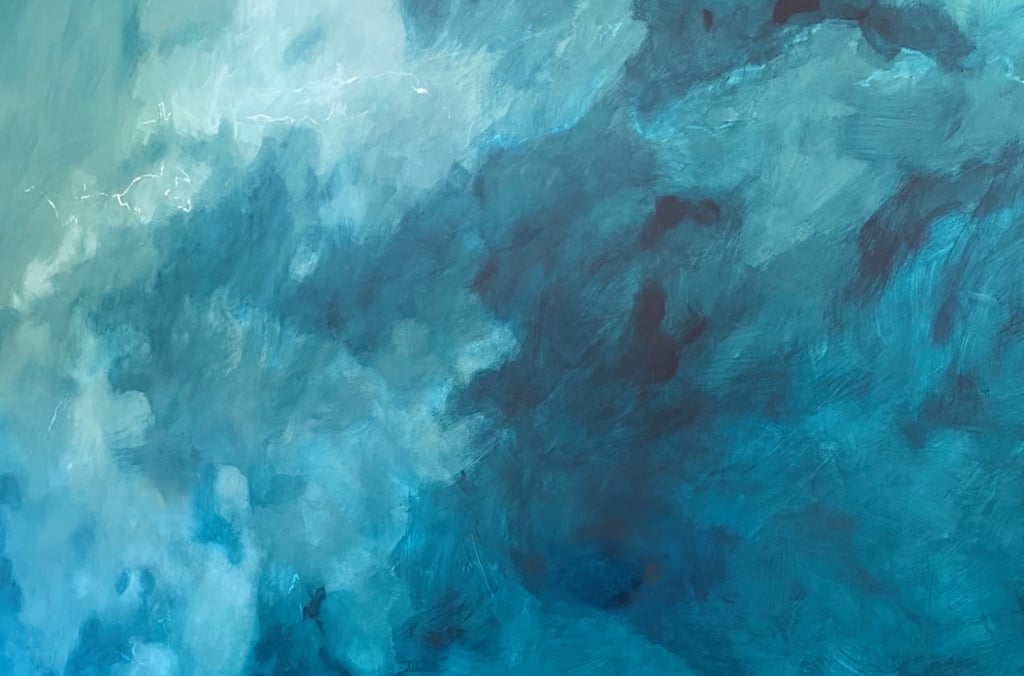 Abstract deep teal blue atmospheric mural with soft cloud-like movement; vokes the feeling of thought unfolding underwater