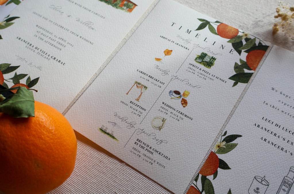 close up of weekend timeline card from welcome cocktail to day after brunch
