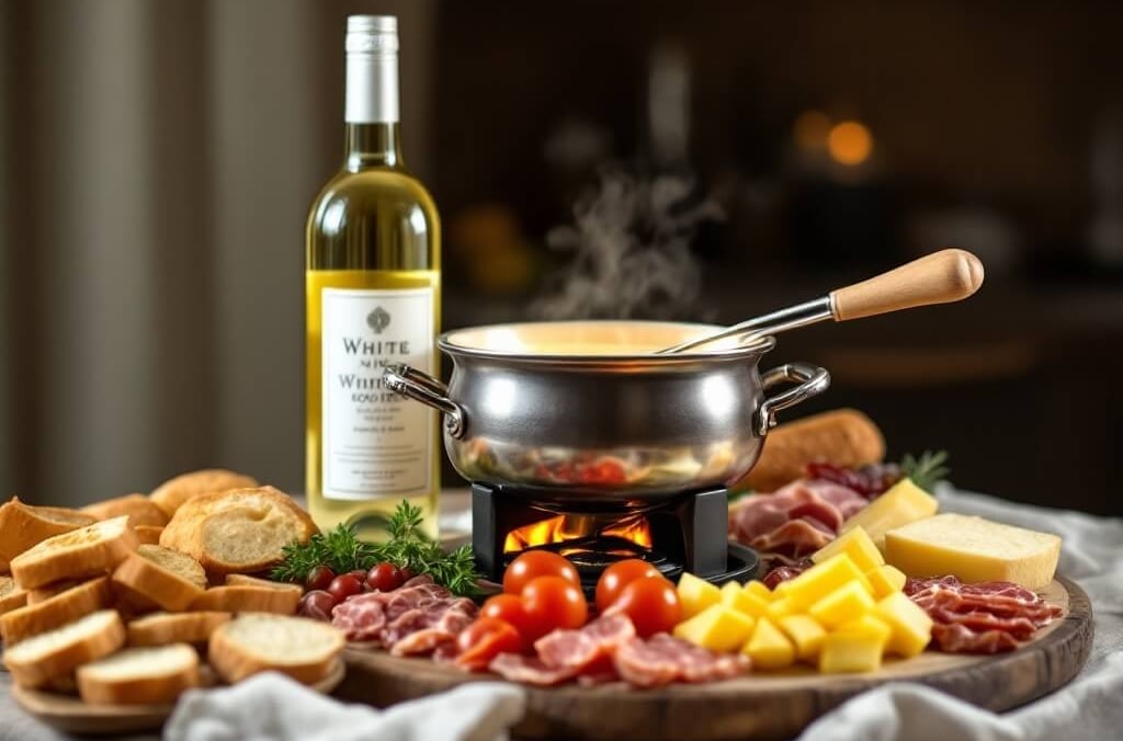 a pot of white wine fondue and a bottle of wine and assorted meats