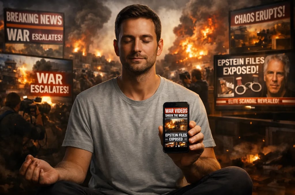 Person staying calm while scrolling war news and Epstein files content on social media.