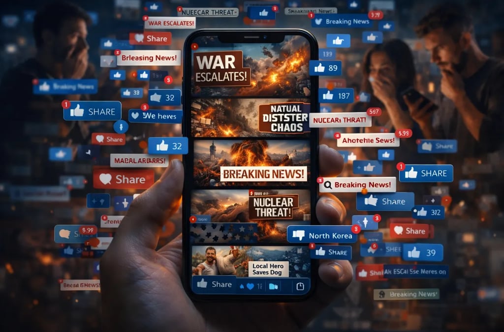 Smartphone showing viral war news and Epstein files headlines spreading across social media.