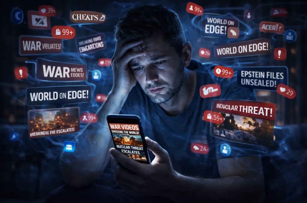 Person overwhelmed by war videos and Epstein files news on social media feed.