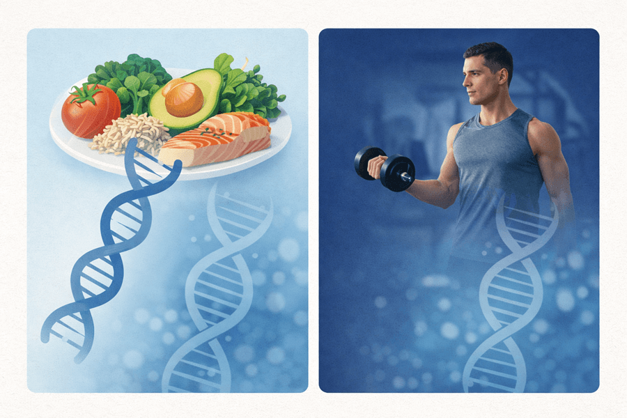 Plato saludable con aguacate y verduras junto a atleta con mancuernas. Nutrición y entrenamiento personalizados