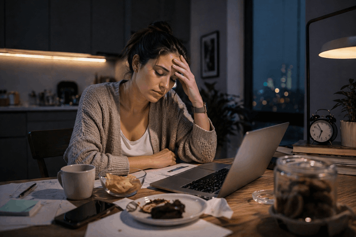 Mujer cansada trabajando de noche frente a una laptop, con café, snacks y expresión de agotamiento
