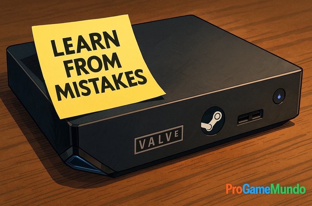 Steam Machine antiga com bilhete ‘Learn From Mistakes’ em cima.