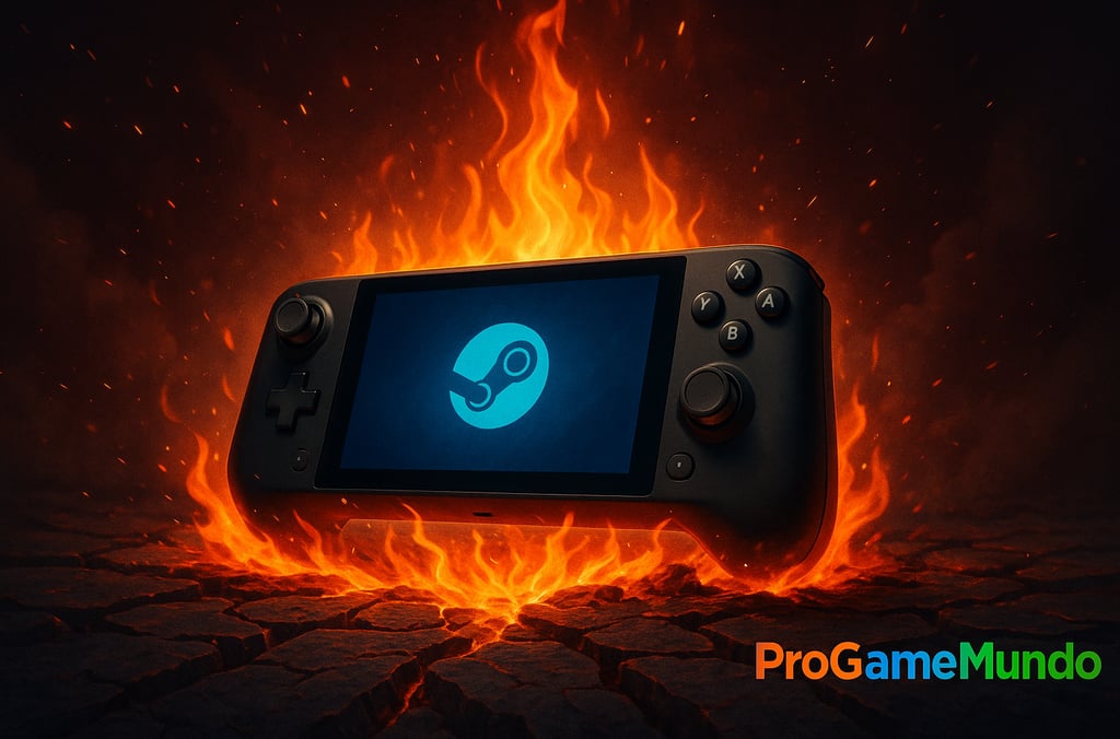 Steam Deck rodeado por chamas sobre solo rachado, simbolizando o renascimento da Valve.