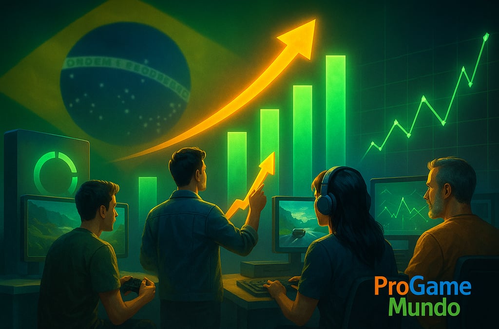 Pessoas analisam gráficos ascendentes com a bandeira do Brasil ao fundo, representando o crescimento