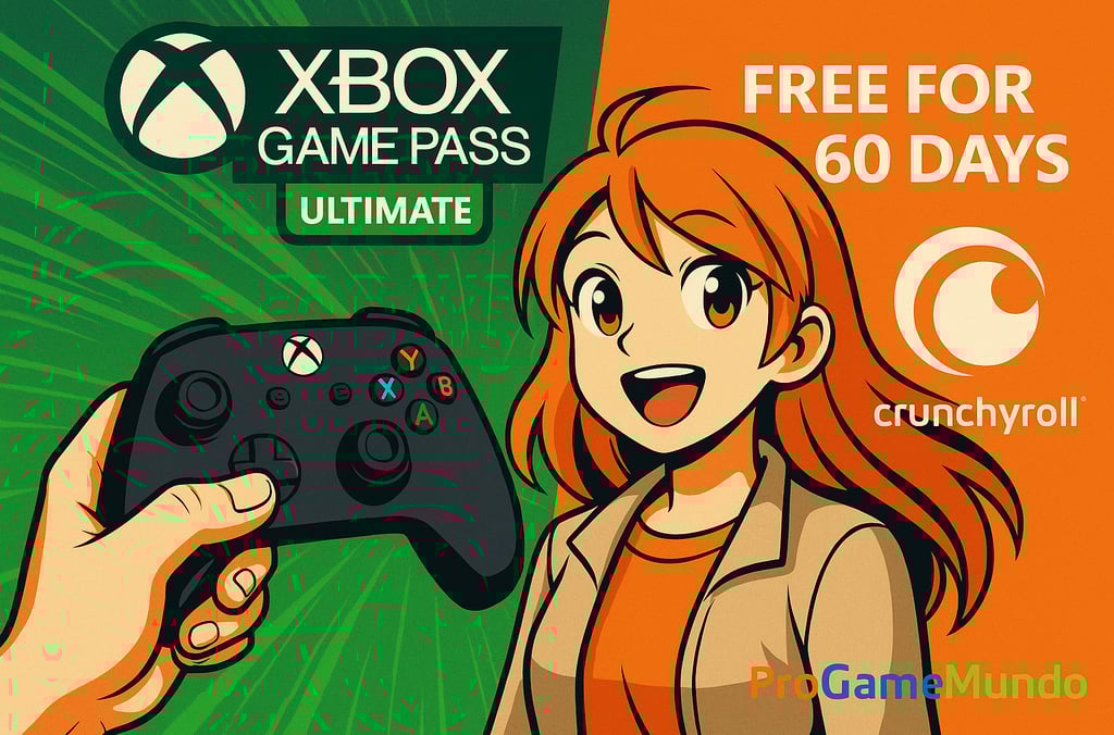 Controlador Xbox e personagem anime com promoção Crunchyroll de 60 dias grátis.