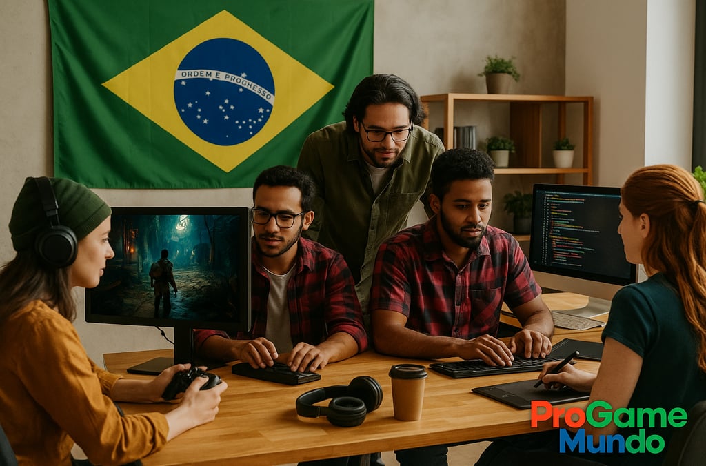 Equipe brasileira desenvolvendo jogo em estúdio com a bandeira do Brasil ao fundo.