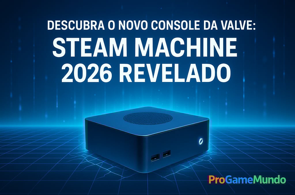 Steam Machine moderna em cenário futurista azul representando seu lançamento em 2026.