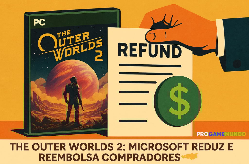 Arte retro com recibo de reembolso e caixa de The Outer Worlds 2.