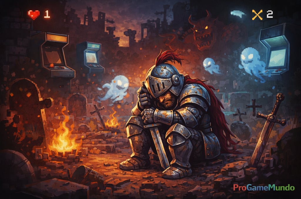 Cavaleiro exausto em cenário arcade simbolizando a dificuldade extrema dos jogos clássicos