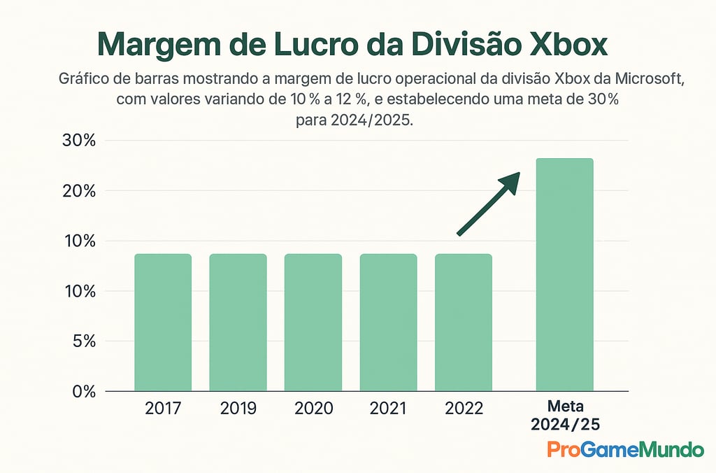 Gráfico de barras mostrando o aumento da margem de lucro da divisão Xbox de 10% para 30%.