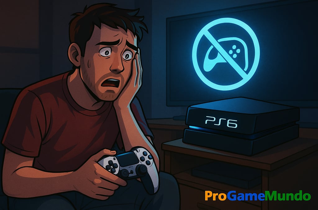 Gamer assustado olhando para um PS6 sem suporte a mídia física.